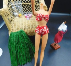 1605 BARBIE IN HAWAII CHOICE  2 pc SWIMSUIT, , FLOWER LEI;  GRASS SKIRT 1964